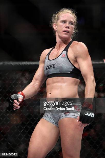 Holly Holm prepares before the second round against Megan Anderson of Australia in their featherweight bout during the UFC 225: Whittaker v Romero 2...