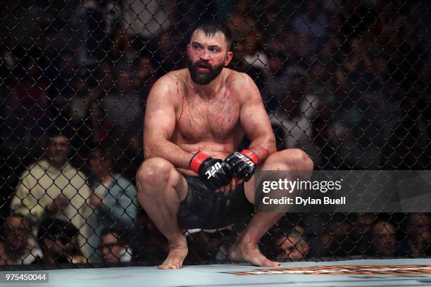 Andrei Arlovski of Belarus rests after his heavyweight bout against Tai Tuivasa of Australia during the UFC 225: Whittaker v Romero 2 event at the...