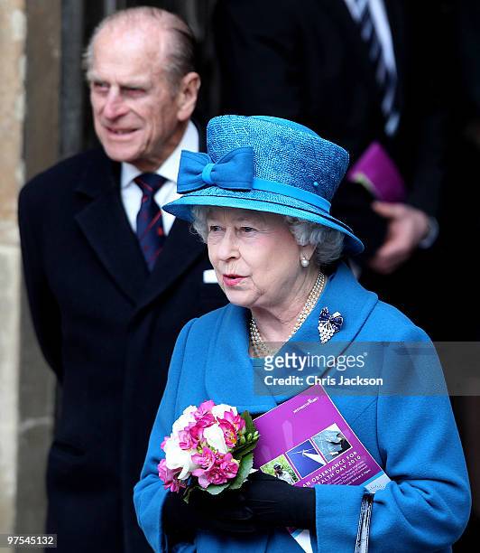 Queen Elizabeth II and Prince Philip, Duke of Edinburgh leave the Commonwealth Observance Service at Westminster Abbey on March 8, 2010 in London,...