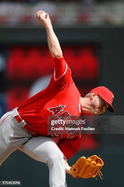 Jim Johnson of the Los Angeles Angels of Anaheim delivers a pitch against the Minnesota Twins during the game on June 10, 2018 at Target Field in...