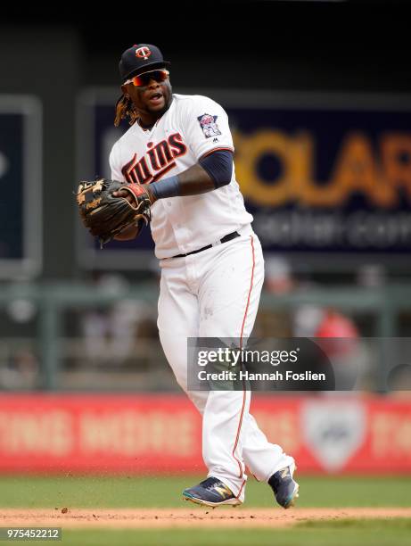 Miguel Sano of the Minnesota Twins makes a play at third base against the Los Angeles Angels of Anaheim during the game on June 10, 2018 at Target...