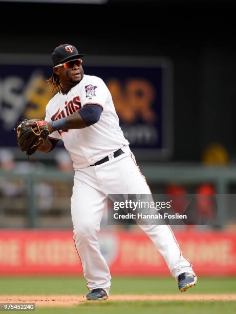 Miguel Sano of the Minnesota Twins makes a play at third base against the Los Angeles Angels of Anaheim during the game on June 10, 2018 at Target...