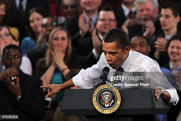 President Barack Obama delivers a speech on his health care plan for the nation on March 8, 2010 at Arcadia University in Glenside, near...