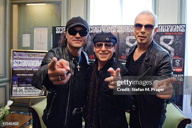 Matthias Jabs, Klaus Meine and Rudolf Schenker of Scorpions is photographed during a press conference at Hotel Bayerischer Hof on March 8, 2010 in...