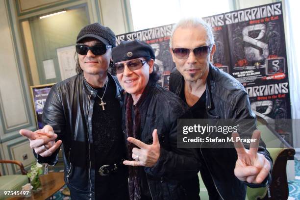 Matthias Jabs, Klaus Meine and Rudolf Schenker of Scorpions pose during a press conference at Hotel Bayerischer Hof on March 8, 2010 in Munich,...