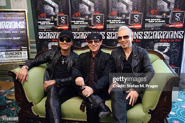 Matthias Jabs, Klaus Meine and Rudolf Schenker of Scorpions pose during a press conference at Hotel Bayerischer Hof on March 8, 2010 in Munich,...