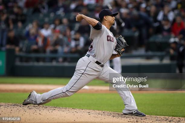 Carlos Carrasco of the Cleveland Indians pitches in the second inning against the Chicago White Sox at Guaranteed Rate Field on June 11, 2018 in...