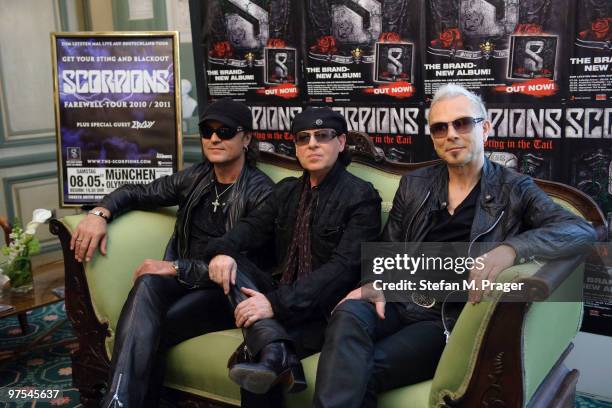Matthias Jabs, Klaus Meine and Rudolf Schenker of Scorpions pose during a press conference at Hotel Bayerischer Hof on March 8, 2010 in Munich,...