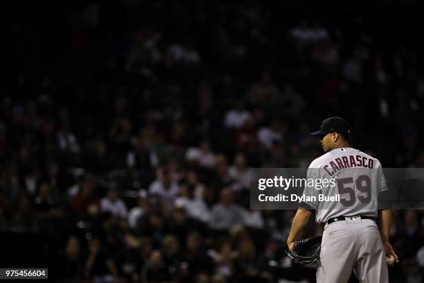 Carlos Carrasco of the Cleveland Indians pitches in the fourth inning against the Chicago White Sox at Guaranteed Rate Field on June 11, 2018 in...