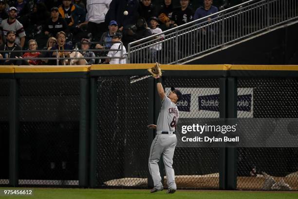 Lonnie Chisenhall of the Cleveland Indians catches a fly ball in the fourth inning against the Chicago White Sox at Guaranteed Rate Field on June 11,...