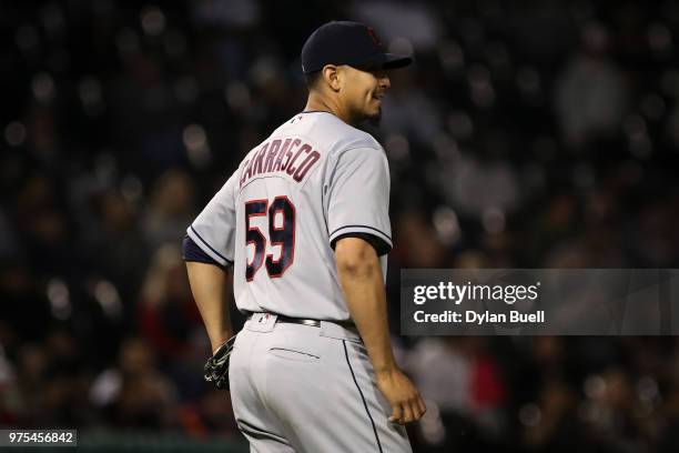 Carlos Carrasco of the Cleveland Indians looks on in the sixth inning against the Chicago White Sox at Guaranteed Rate Field on June 11, 2018 in...