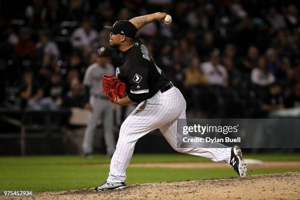 Bruce Rondon of the Chicago White Sox pitches in the eighth inning against the Cleveland Indians at Guaranteed Rate Field on June 11, 2018 in...