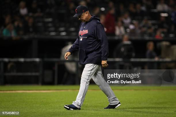 Manager Terry Francona of the Cleveland Indians walks across the field in the eighth inning against the Chicago White Sox at Guaranteed Rate Field on...
