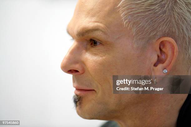 Rudolf Schenker of Scorpions poses during a press conference at Hotel Bayerischer Hof on March 8, 2010 in Munich, Germany.