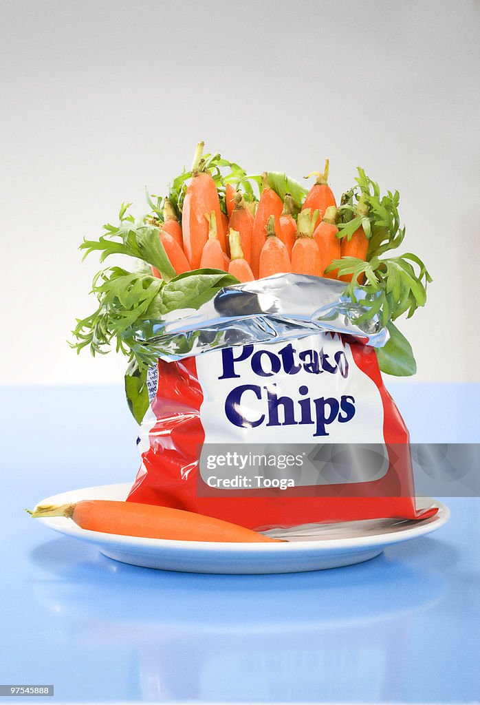 Junk food bag of baby carrots on plate