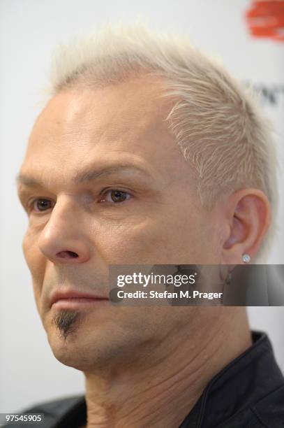 Rudolf Schenker of Scorpions poses during a press conference at Hotel Bayerischer Hof on March 8, 2010 in Munich, Germany.