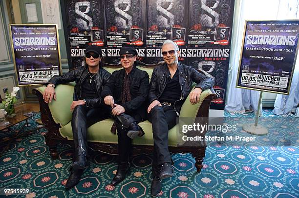 Matthias Jabs, Klaus Meine and Rudolf Schenker of Scorpions pose during a press conference at Hotel Bayerischer Hof on March 8, 2010 in Munich,...