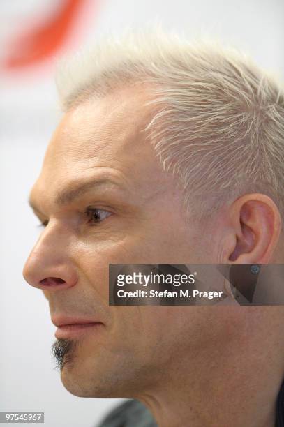 Rudolf Schenker of Scorpions poses during a press conference at Hotel Bayerischer Hof on March 8, 2010 in Munich, Germany.
