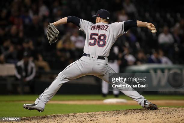 Neil Ramirez of the Cleveland Indians pitches in the ninth inning against the Chicago White Sox at Guaranteed Rate Field on June 11, 2018 in Chicago,...