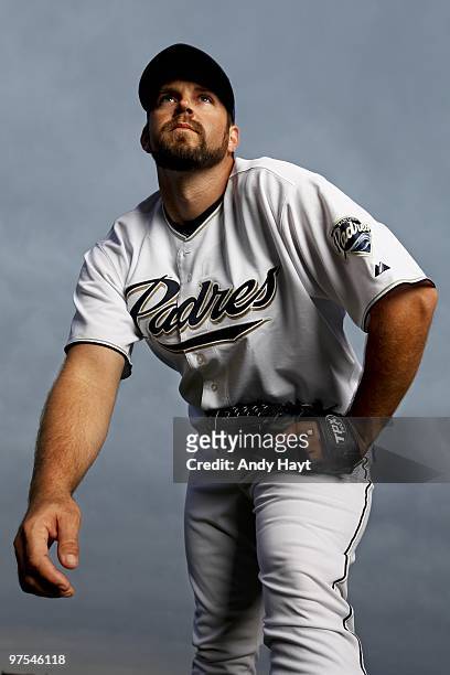 Heath Bell of the San Diego Padres poses during photo media day at the Padres spring training complex on February 27, 2010 in Peoria, Arizona.