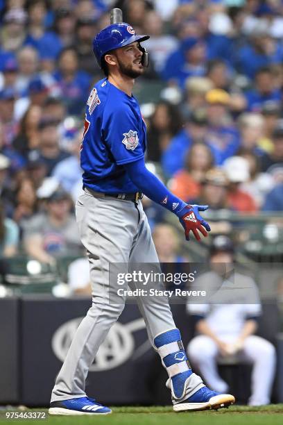 Kris Bryant of the Chicago Cubs at bat during a game against the Milwaukee Brewers at Miller Park on June 12, 2018 in Milwaukee, Wisconsin. The...