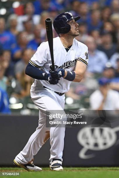 Travis Shaw of the Milwaukee Brewers swings at a pitch during a game against the Chicago Cubs at Miller Park on June 12, 2018 in Milwaukee,...