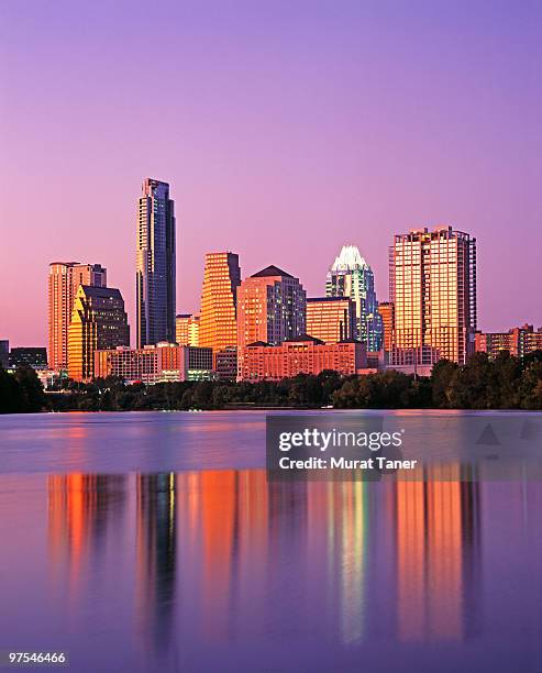 cityscape view of a city at dusk - austin texas bildbanksfoton och bilder