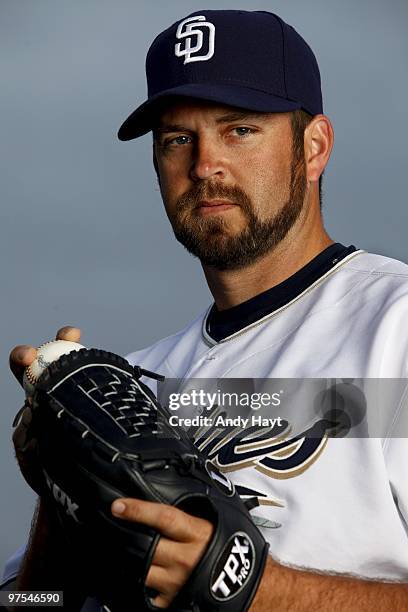 Heath Bell of the San Diego Padres poses during photo media day at the Padres spring training complex on February 27, 2010 in Peoria, Arizona.