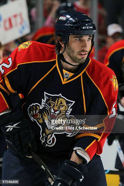 Jason Garrison of the Florida Panthers skates on the ice prior to the start of the game against the Philadelphia Flyers at the BankAtlantic Center on...