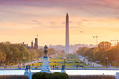 Washington DC city view at a orange sunset, including Washington