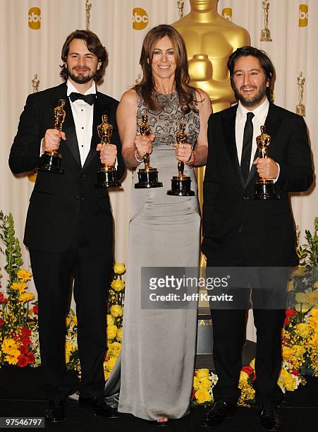 Writer Mark Boal, director Kathryn Bigelow, and producer Greg Shapiro pose in the press room at the 82nd Annual Academy Awards held at Kodak Theatre...