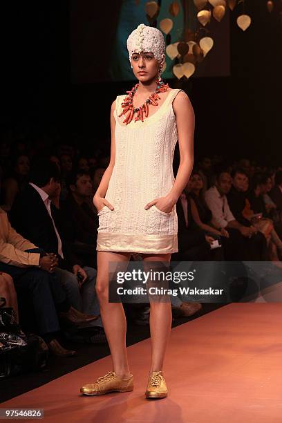Model walks the runway in a Vikram Phadnis design at the Lakme India Fashion Week Day 4 held at Grand Hyatt Hotel on March 8, 2010 in Mumbai, India.
