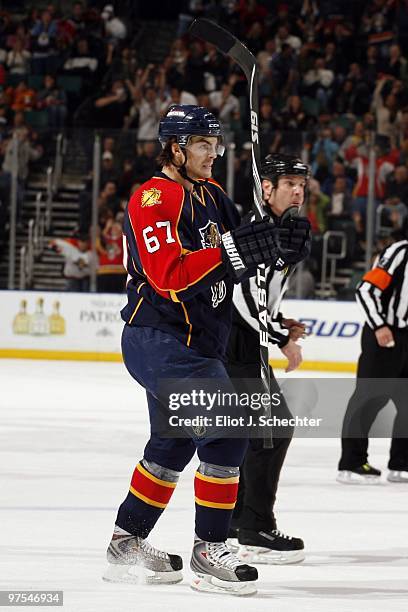 Michael Frolik of the Florida Panthers celebrates a goal with teammates against the Philadelphia Flyers at the BankAtlantic Center on March 3, 2010...