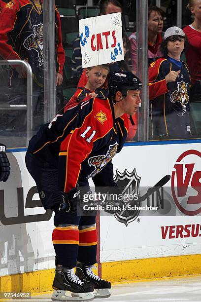 Gregory Campbell of the Florida Panthers on the ice prior to the start of the game against the Philadelphia Flyers at the BankAtlantic Center on...