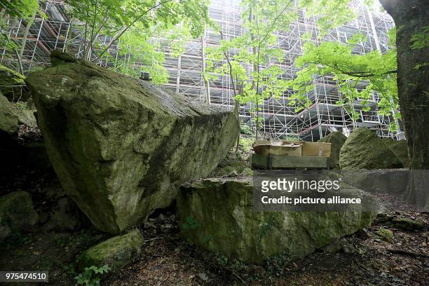 May 2018, Germany, Koenigswinter: Boulders that fell some years ago lying under the Drachenfels castle. Workers are placing ground anchors underneath...