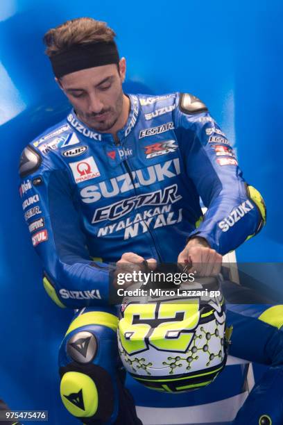 Andrea Iannone of Italy and Team Suzuki ECSTAR prepares to start in box during the MotoGp of Catalunya - Free Practice at Circuit de Catalunya on...