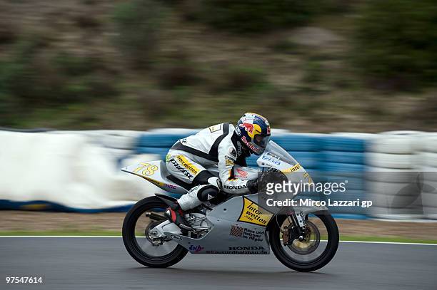 Marcel Schroetter of Germany and Interwetten Honda 125 heads down a straight during the third day of testing at Circuito de Jerez on March 8, 2010 in...