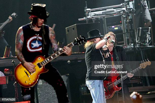 Ashba, of the US band Gun's Roses, perform their concert part of the Chinese Democracy Tour at the Mane Garrincha Stadium on March 7, 2010 in...