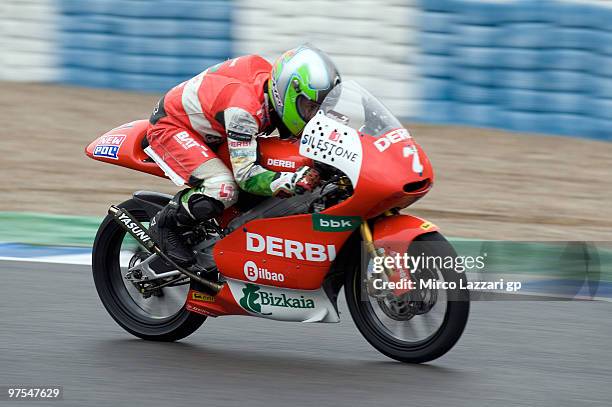 Efren Varquez of Spain and Bainet Derbi heads down a straight during the third day of testing at Circuito de Jerez on March 8, 2010 in Jerez de la...