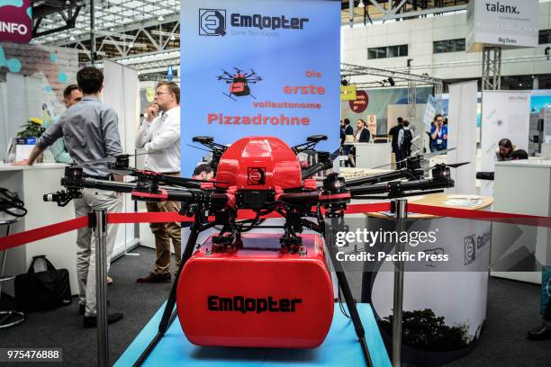 Pizza drone presented at CeBIT 2018. CeBIT is the largest international computer expo, held annually on the Hanover fairground, Germany. It is...