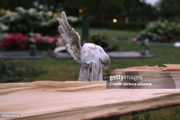 May 2018, Germany, Schwalmtal: A fallen tree lying next to a destroyed angel figure ina garden. The tornado has, according to authorities, a wreaked...