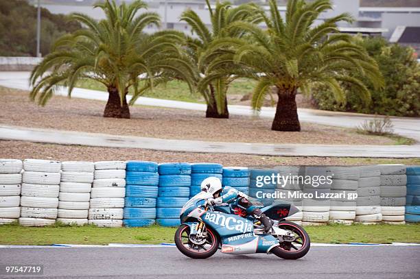 Nico Terol of Spain and Bancaja Aspar Team rounds the bend during the third day of testing at Circuito de Jerez on March 8, 2010 in Jerez de la...