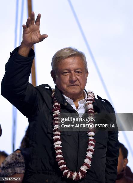 Mexican presidential candidate for the MORENA party, Andres Manuel Lopez Obrador, gestures during a campaign rally in Chimalhuacan, Mexico State, on...