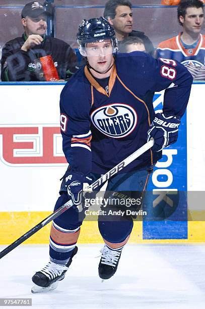 Sam Gagner of the Edmonton Oilers warms up before a game against the Minnesota Wild at Rexall Place on March 5, 2010 in Edmonton, Alberta, Canada....