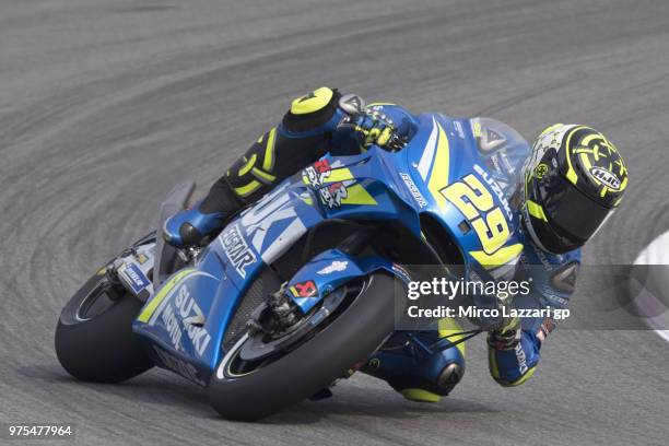 Andrea Iannone of Italy and Team Suzuki ECSTAR rounds the bend during the MotoGp of Catalunya - Free Practice at Circuit de Catalunya on June 15,...