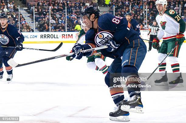 Sam Gagner of the Edmonton Oilers releases a shot against the Minnesota Wild at Rexall Place on March 5, 2010 in Edmonton, Alberta, Canada. The...