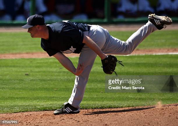 Pitcher Chad Gaudin of the New York Yankees throws against the Minnesota Twins at Lee County Sports Complex on March 7, 2010 in Fort Myers, Florida.