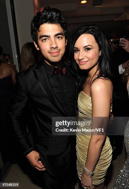 Joe Jonas and Demi Lovato attends the 2010 Vanity Fair Oscar Party hosted by Graydon Carter at the Sunset Tower Hotel on March 7, 2010 in West...