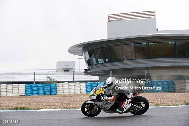 Claudio Corti of Italy and Foward Racing rounds the bend during the third day of testing at Circuito de Jerez on March 8, 2010 in Jerez de la...