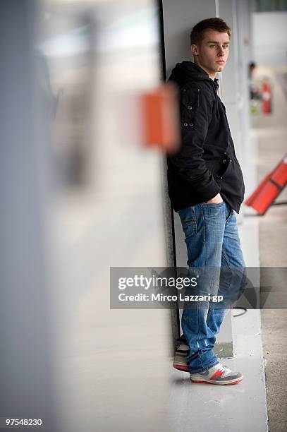 Jules Cluzel of France and Foward Racing looks on in front of garage during the third day of testing at Circuito de Jerez on March 8, 2010 in Jerez...